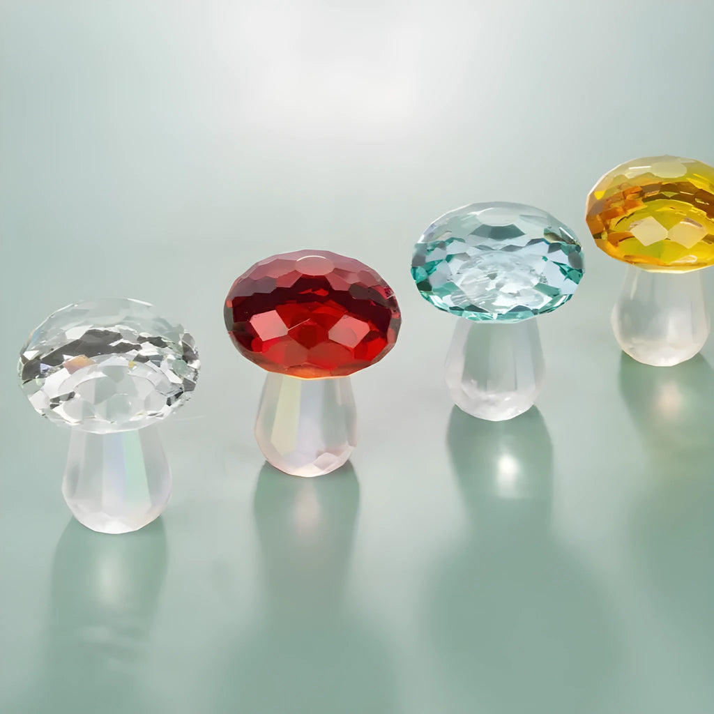 Modern geometric white crystal mushroom decoration in transparent, green, red, or yellow, 40mm wide.