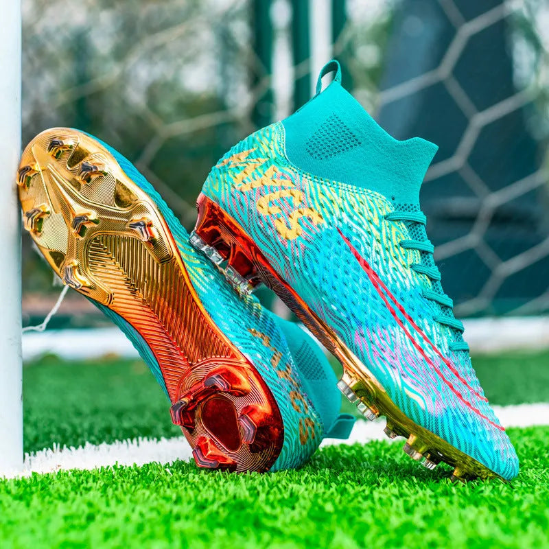 Men's high-top gold-plated bottom soccer shoes in dark blue with synthetic leather upper