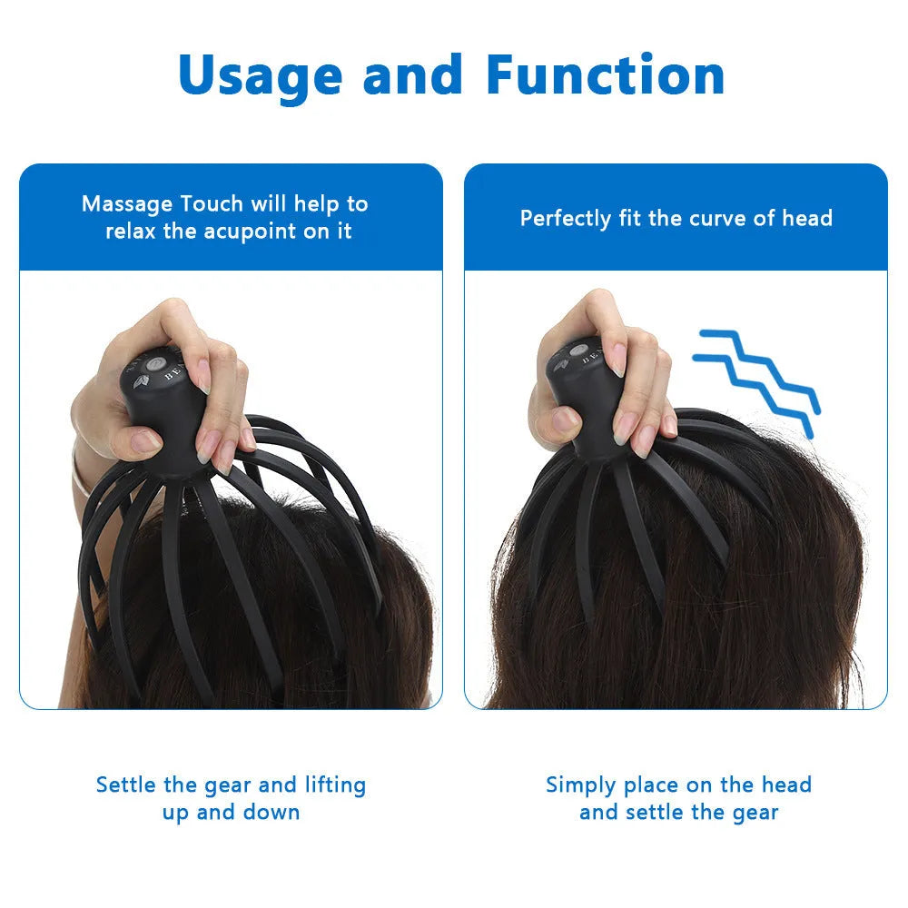 Multi-claw electric head massage tingler with TPE material in black rechargeable option showing compact design