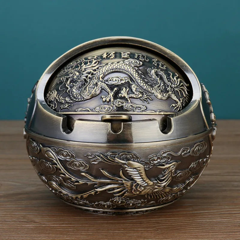 XL decorative alloy ashtray with smoke slot in bronze finish showing dragon and phoenix design