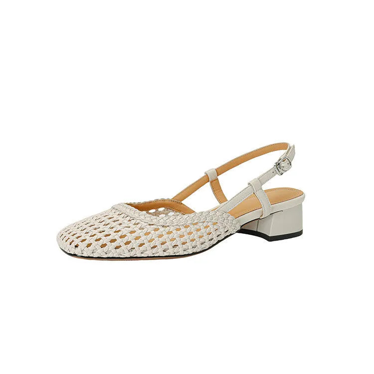 Women's woven hollow-out closed toe sandals with 4cm chunky heel and square head scaffolding shape