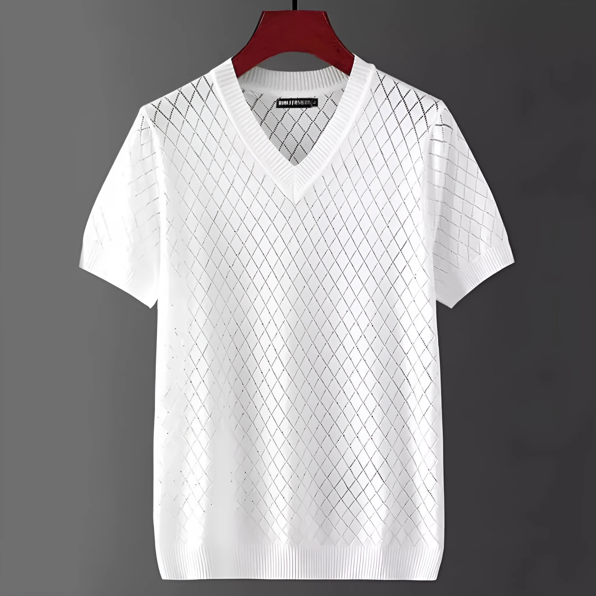 Men's black and white ice silk t-shirts showing V-neck and round neck options on a hanger.