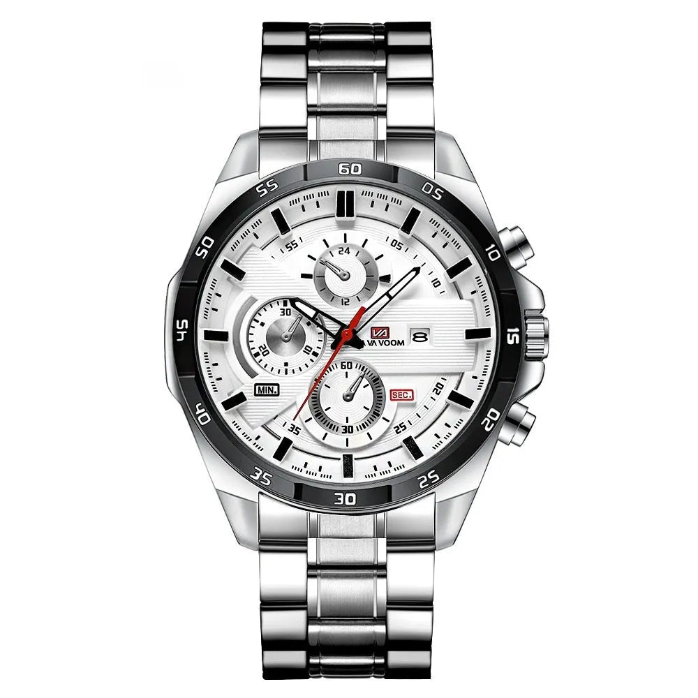 Men's casual quartz watch with calendar display on leather strap, shown in rose gold and black colour option.