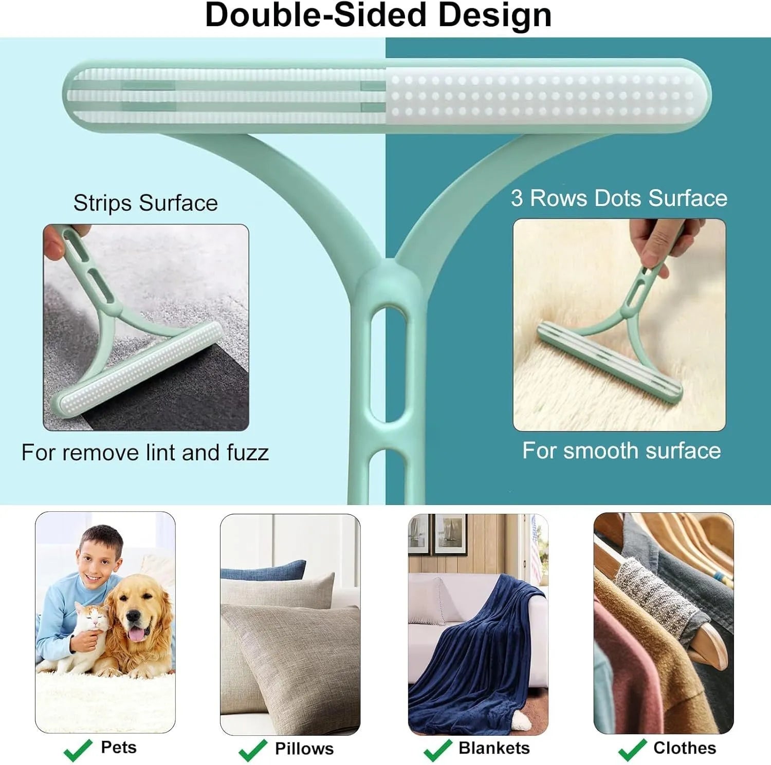 Green three-piece pet hair remover set with metal shaver, silicone brush and round cleaner tools