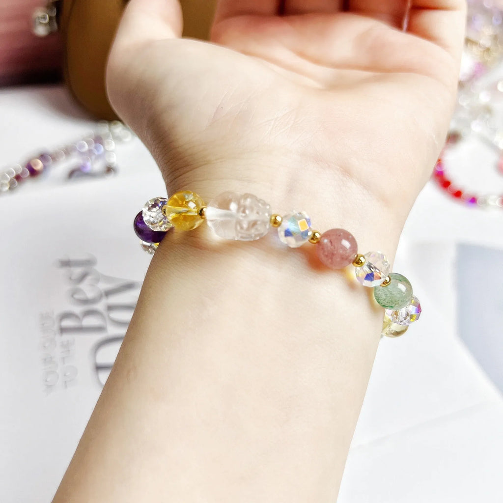 Handmade crystal bracelet with Phoenix Nine Tail Fox animal zodiac charm on adjustable band.