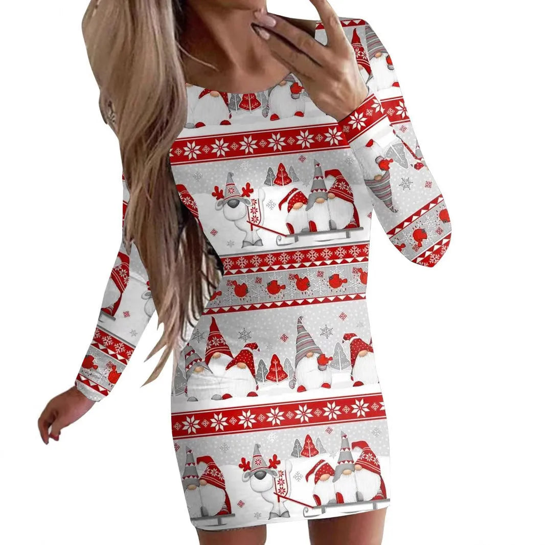Red Christmas animal print dress with long sleeves and round neck, showing tight-fitting hip skirt design