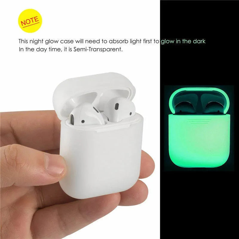 Glow-in-the-dark silicone flip cover case for Apple AirPods charging case on a dark background