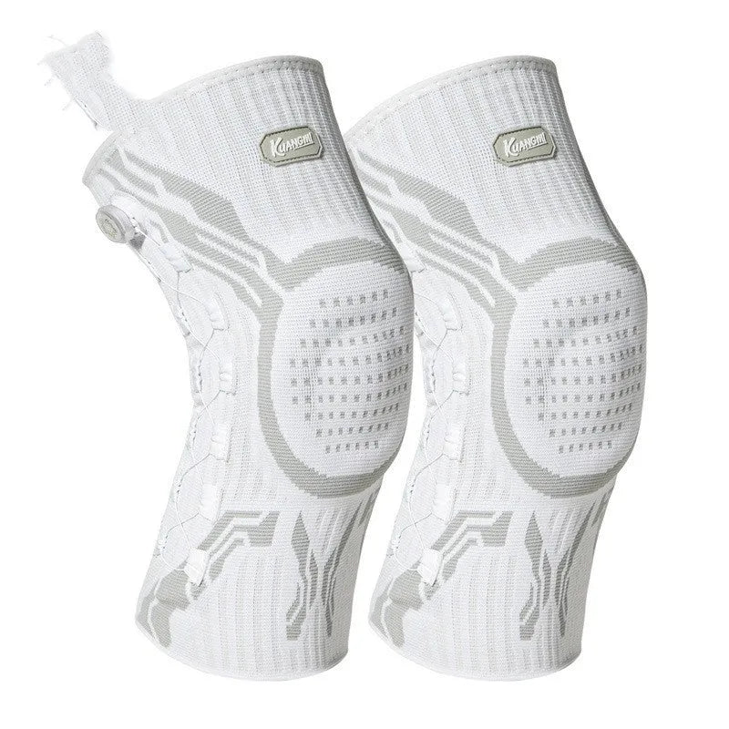 Grey and white sports knee pad for adult men and women, shown in size L.