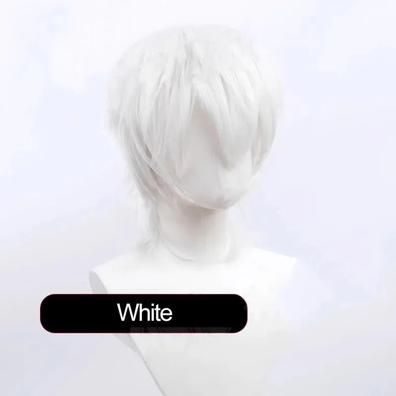 Short black anime cosplay wig for men with a lengthened hair tail, made from high-temperature fibre.
