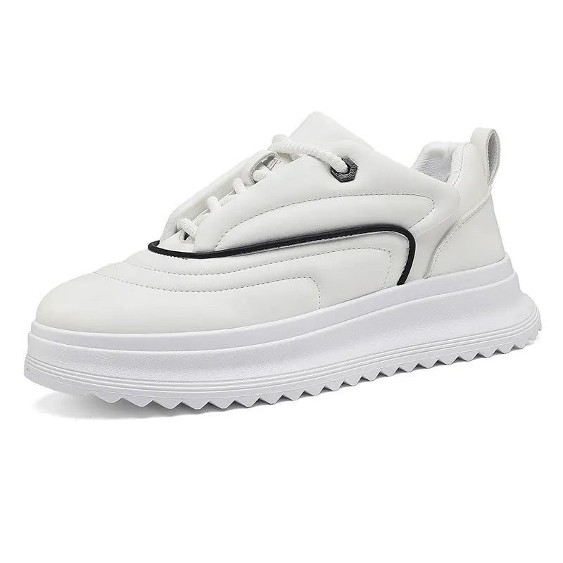 Unisex casual leather trainers with a thick platform sole in black, white, and khaki colour options.