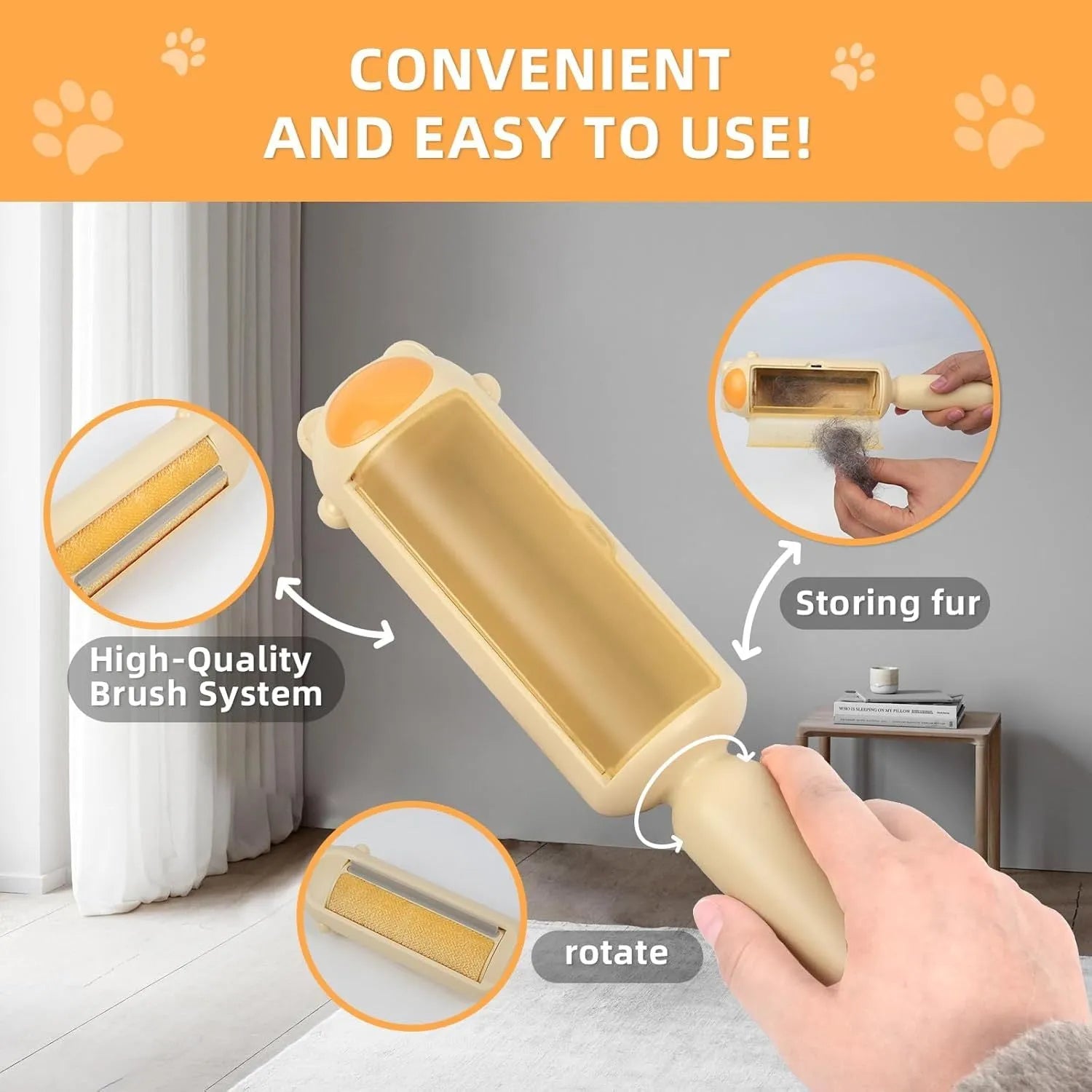 Blue reusable pet hair remover tool with a rolling head and self-cleaning base.