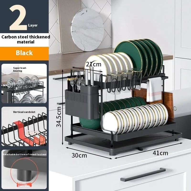 Modern white and black double-tier kitchen storage rack for draining utensils.