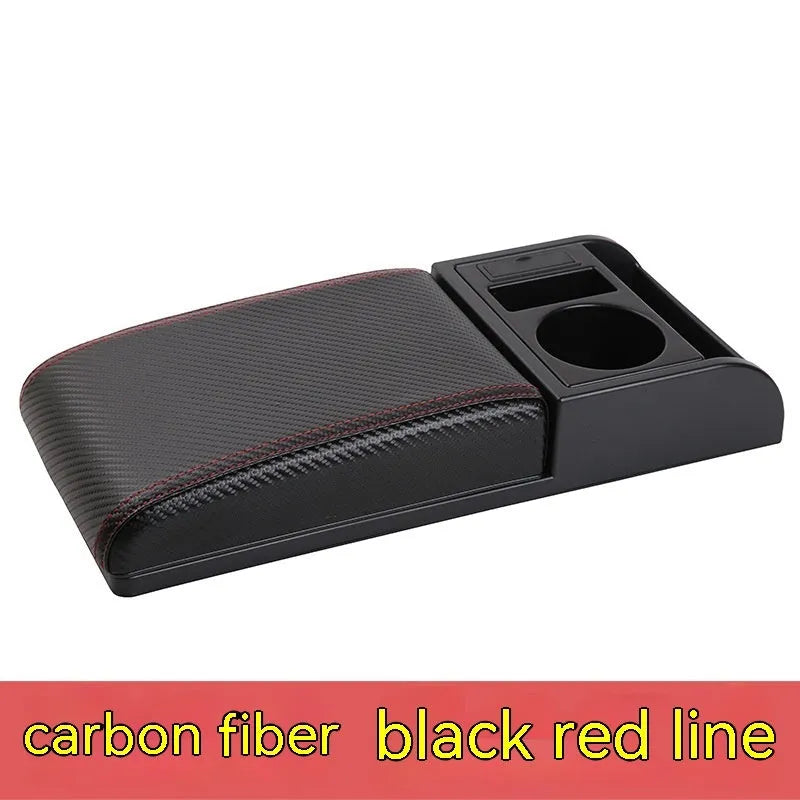 Universal car armrest cover with height adjustment in black PU leather with red stitching