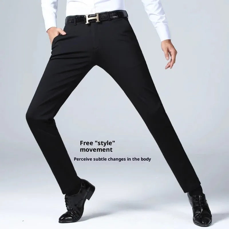 Men's black slim straight formal pants in polyester fibre with micro-elastic fit, size options 29-42