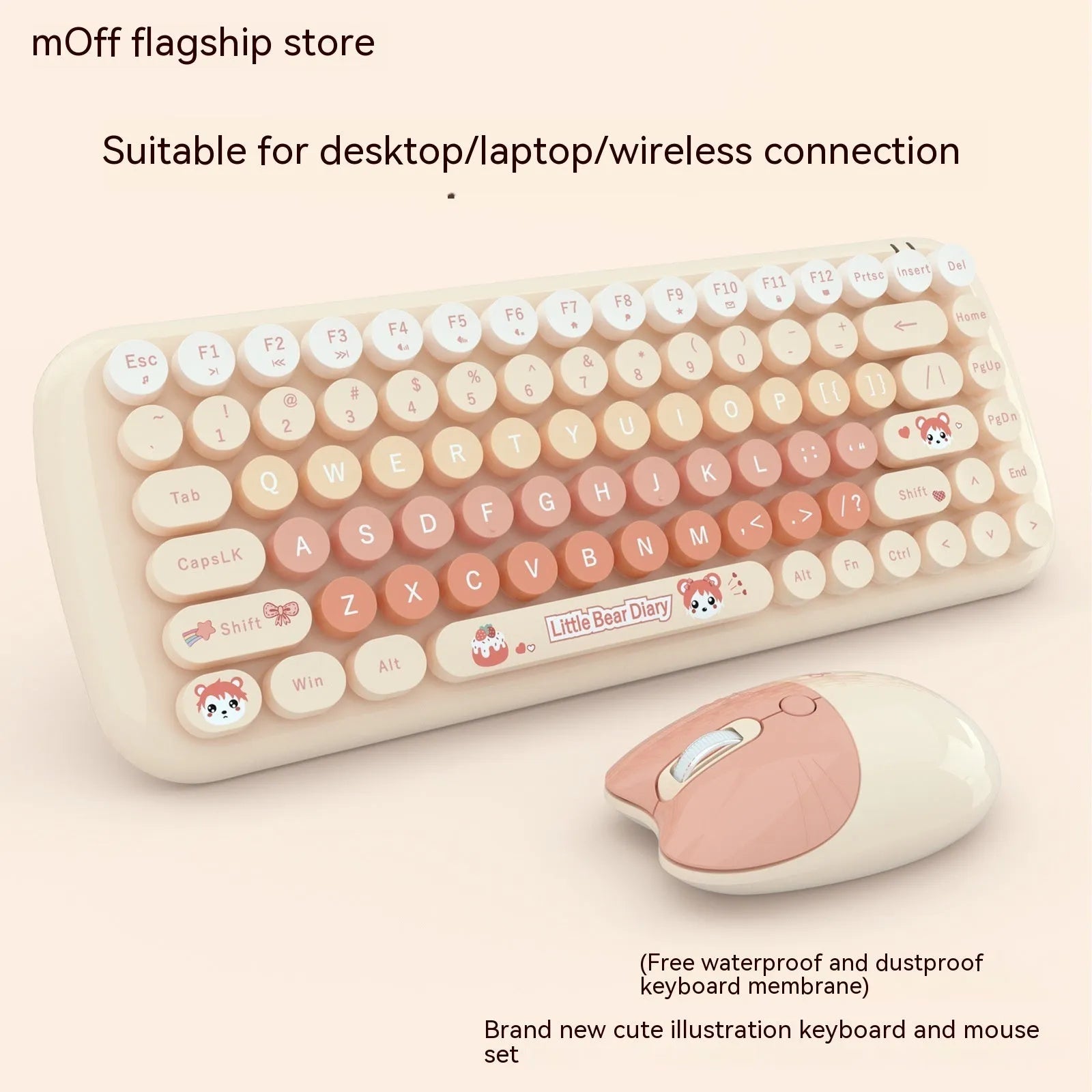 Pink mini cute cartoon wireless keyboard and mouse set with compact 43.5cm keyboard dimensions