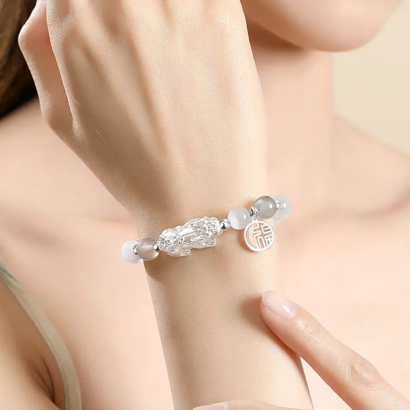 Sterling silver hand-woven bracelet with animal tassels and couple certificate in national fashion style