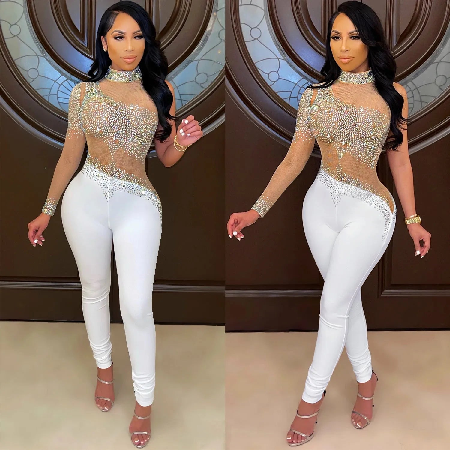 Transparent mesh rhinestone one-shoulder jumpsuit for women in black with tight trousers