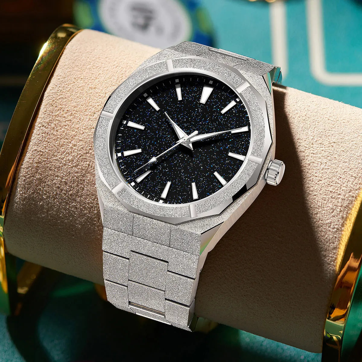 Business men's watch with frosted stainless steel case and luminous hands in silver colour option