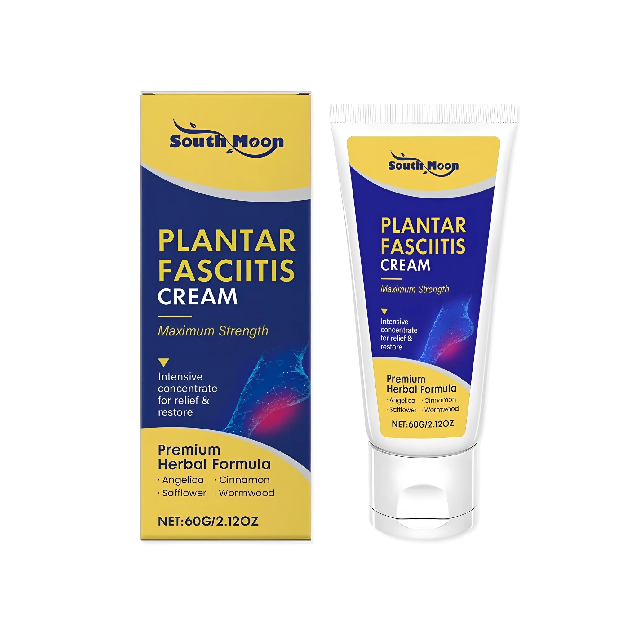 60g tube of Foot Care Relief Cream with botanical ingredients list visible.