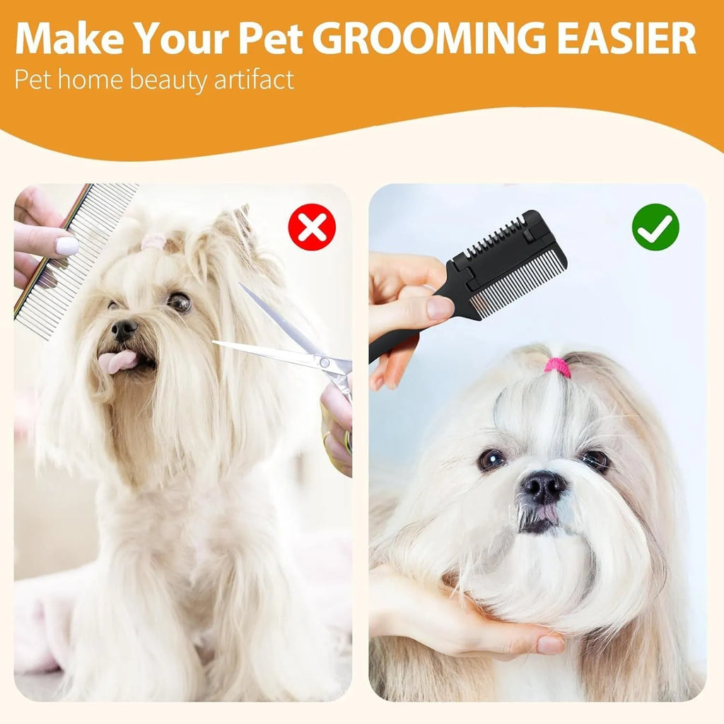 Pet razor comb and brush tool for dogs and cats with spare blades on a white background.
