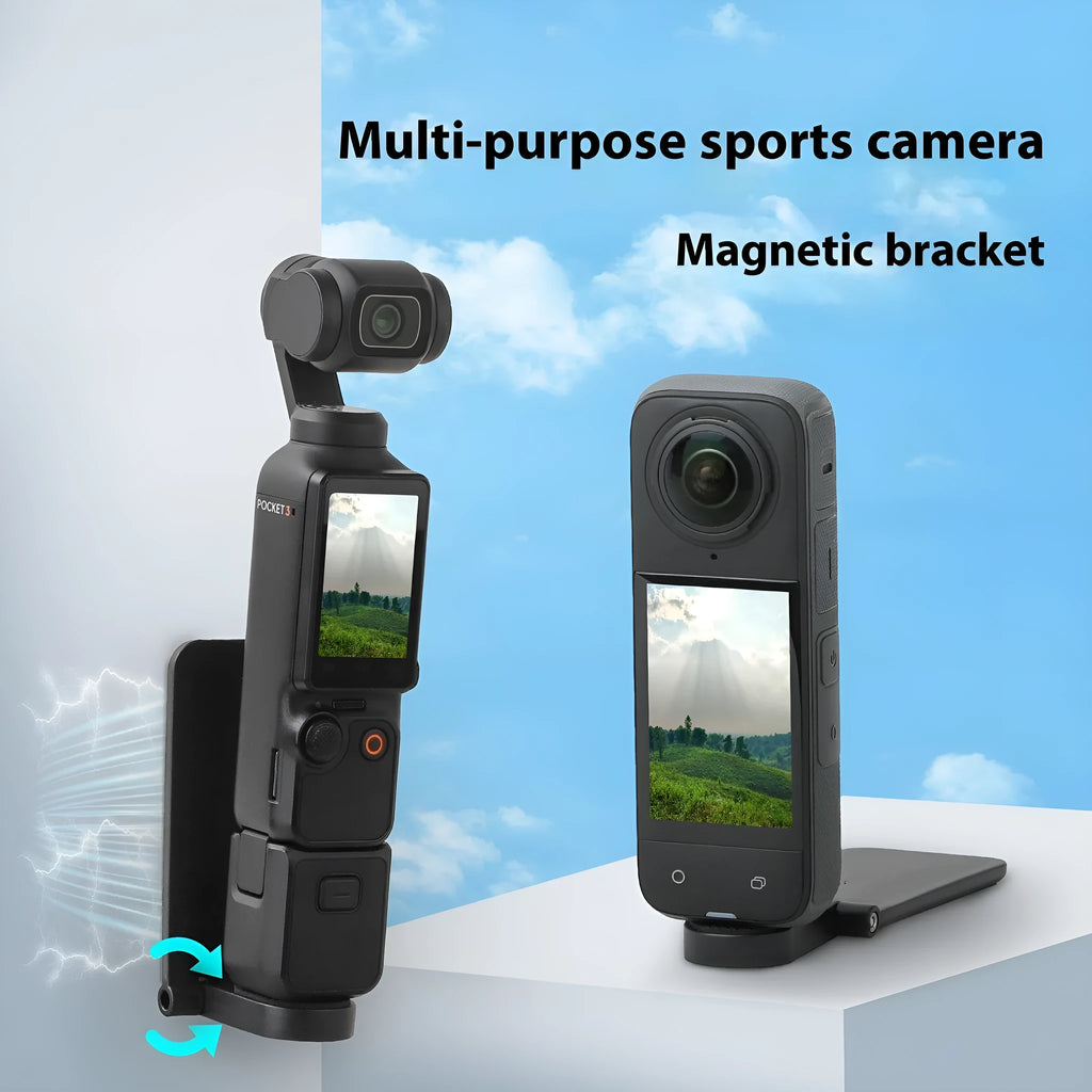 Black magnetic bracket base and handle accessory for Insta360 X4 camera on a desktop