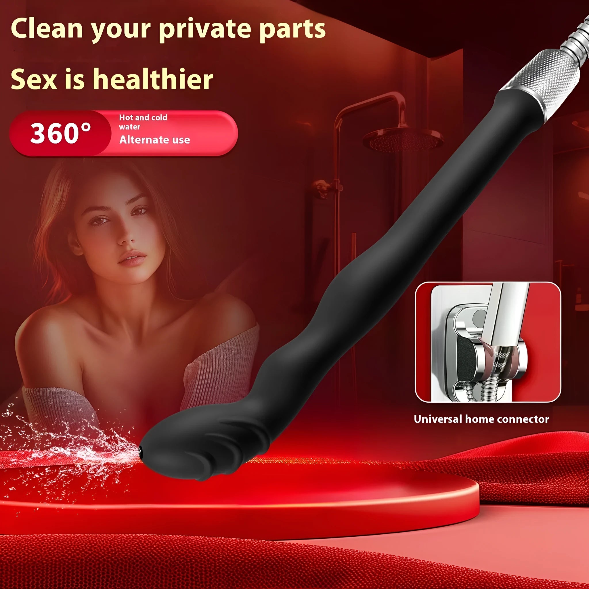 Black silicone hosepipe flusher enema kit with connector, shown in large and small size options.