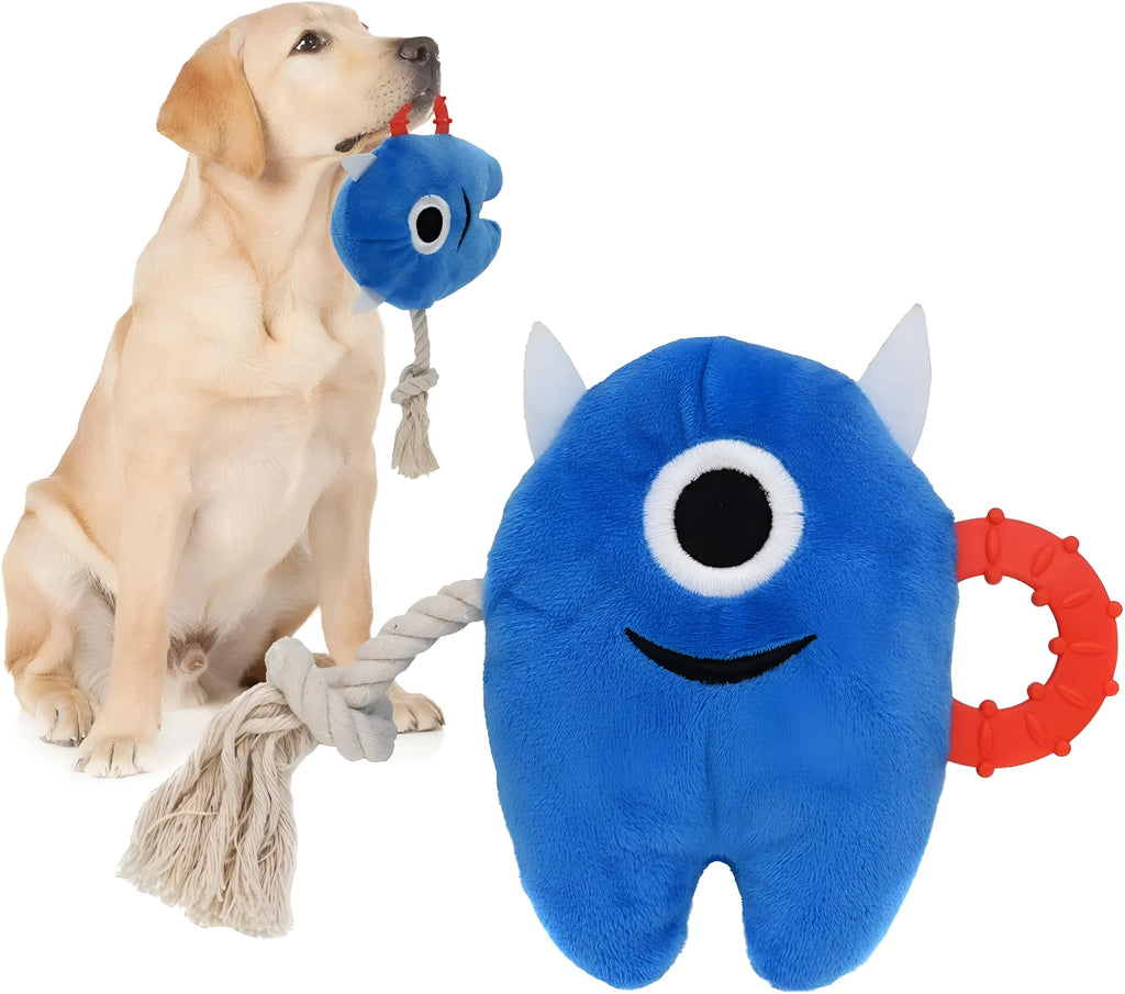 Blue and green plush dog toy with integrated cotton rope sections and a squeaker.