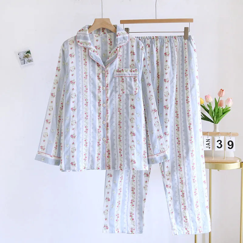 Japanese sweet style ladies cotton gauze homewear two-piece set with long sleeves and trousers.