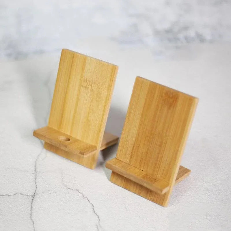 Desktop bamboo phone holder charging stand with universal tablet support, 14x8 cm, natural bamboo finish