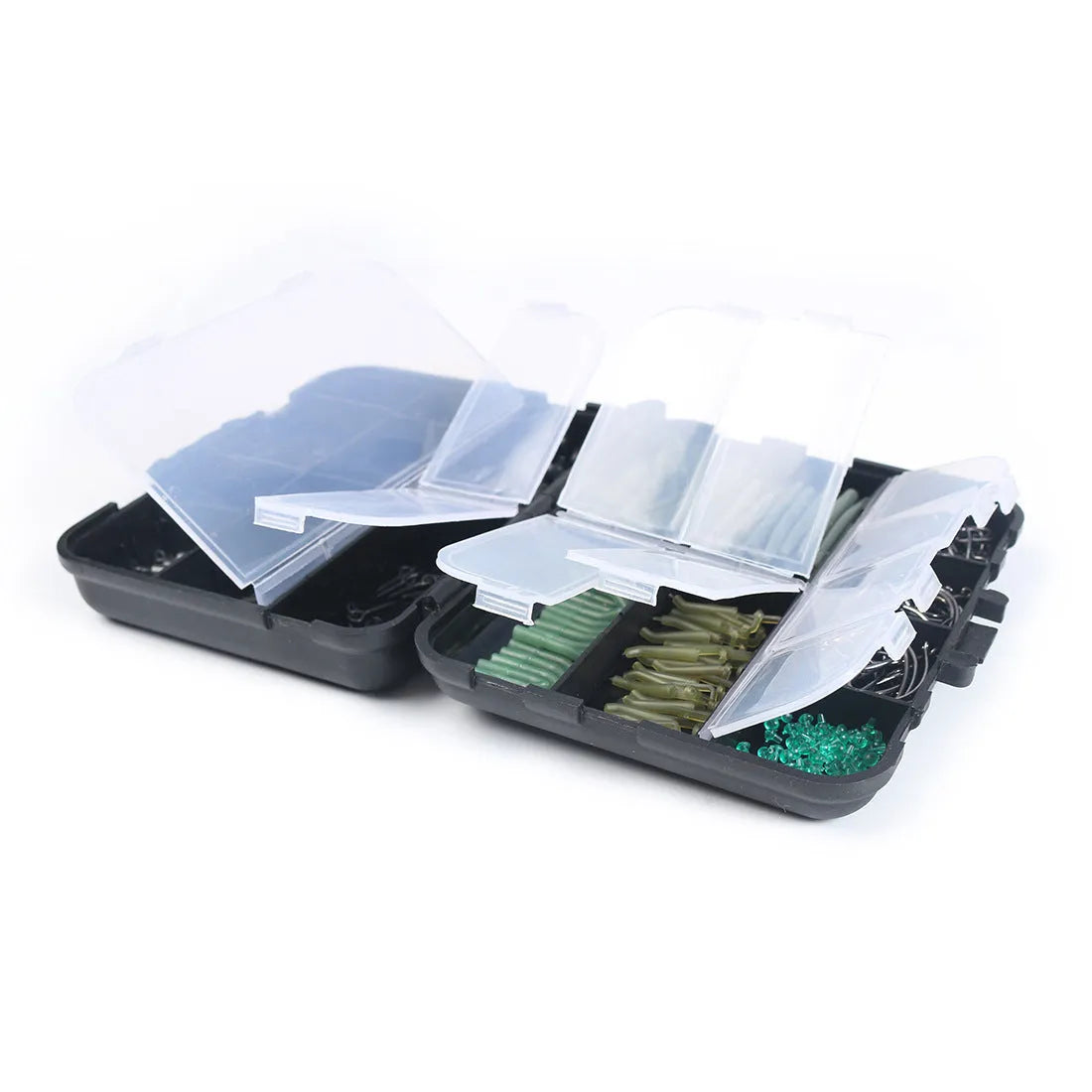 420-piece space beam carp fishing accessories set in 12cm x 9.5cm x 3cm box with swivels, pins, and hooks