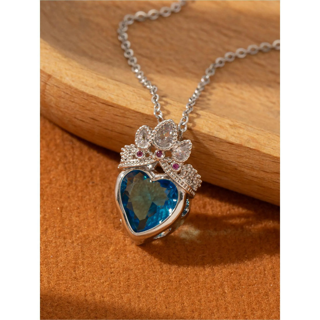 Crown and heart shaped zircon pendant necklace in Blue Gold on adjustable copper O-ring chain