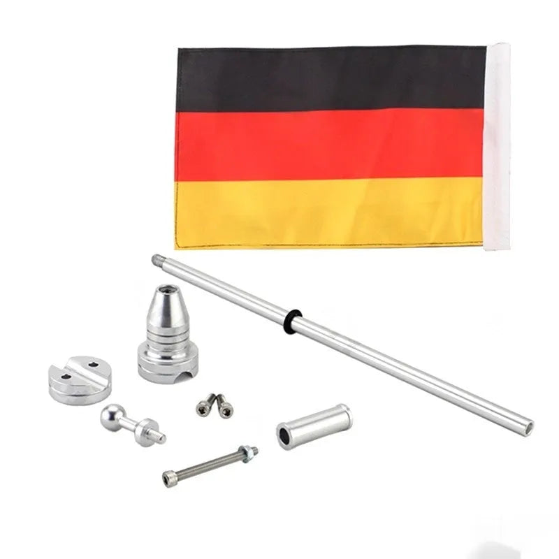 Motorcycle tail box side bumper flagpole in black and silver finishes