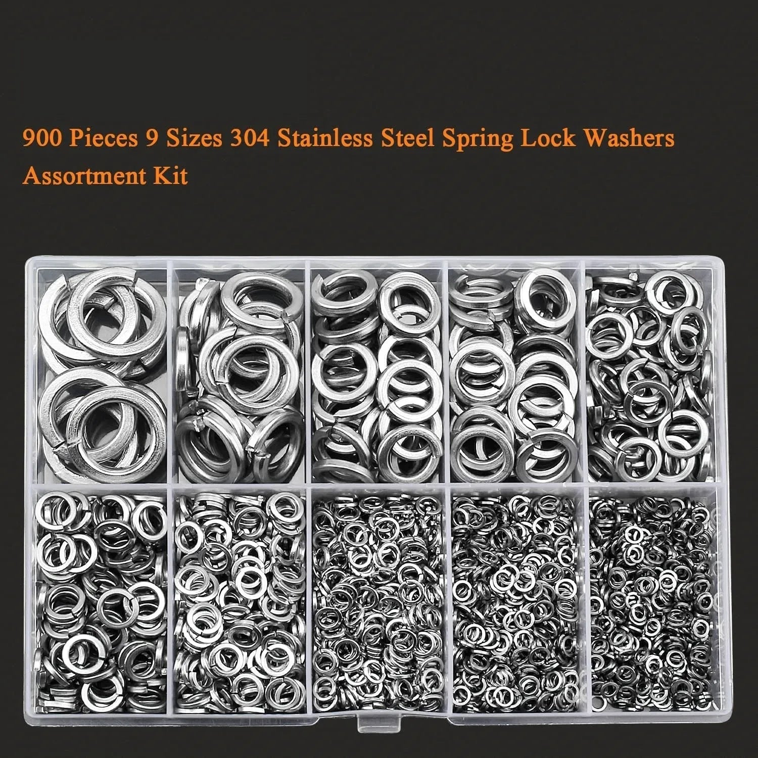Open box showing assortment of 304 stainless steel spring lock washers in various sizes from 2-12mm inner diameter.