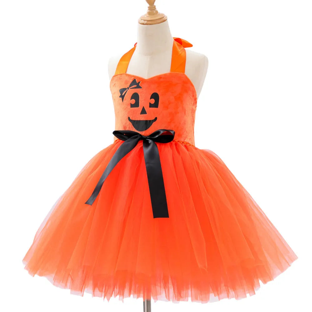 Children's creative festival Halloween cute pumpkin girl dress with mesh sling top and orange yarn skirt