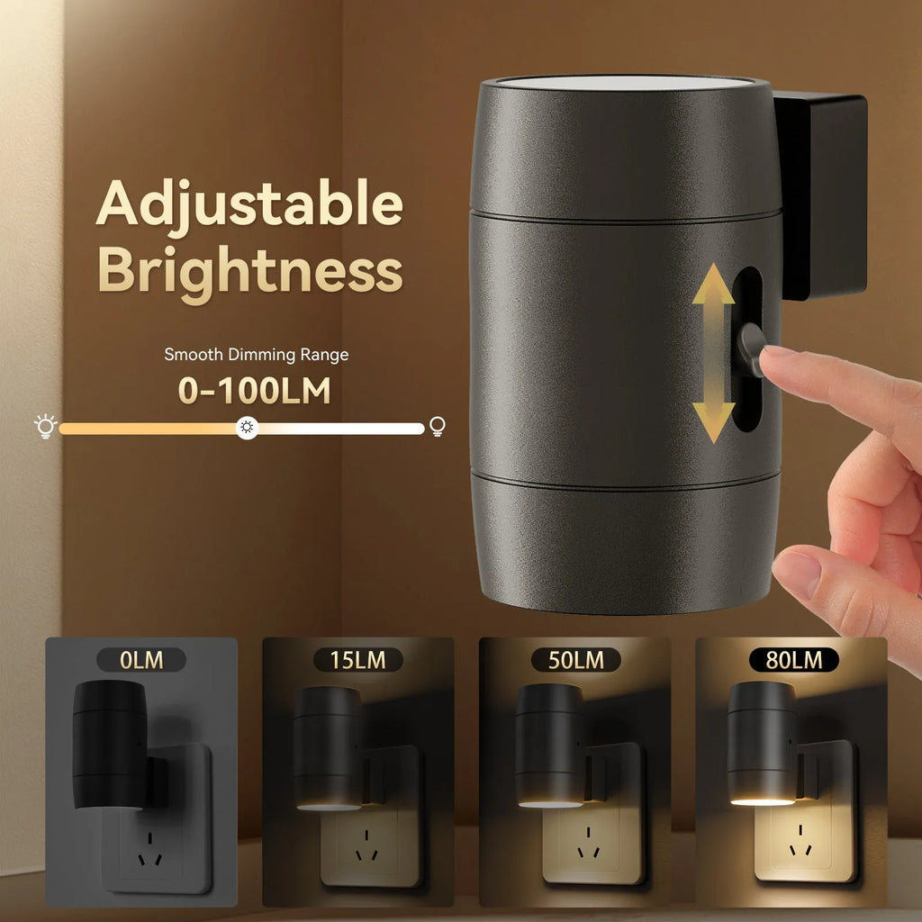 Direct plug induction night lamp with adjustable brightness control and rotatable head in warm white light