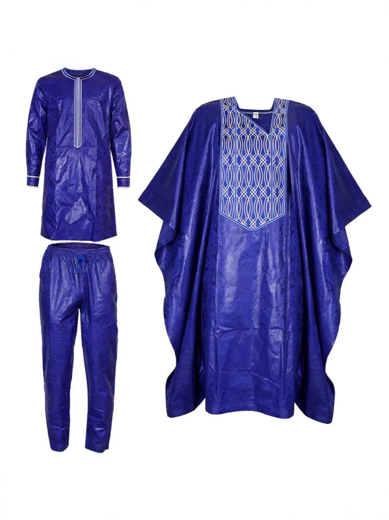 Plus size men's figured cloth three-piece suit in dark blue, including outer robe, shirt, and trousers, Asian sizes L-4XL