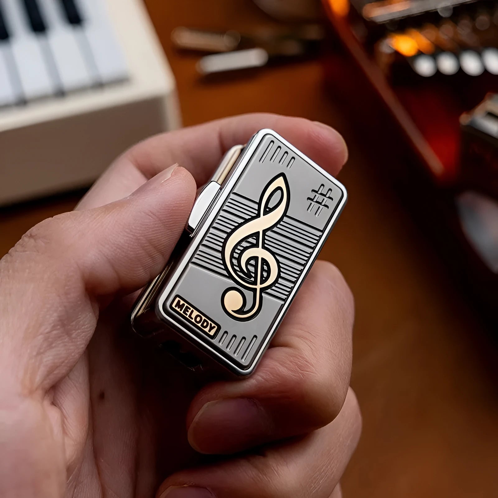 Titanium alloy mechanical scale push EDC fingertip decompression toy in Melody colour shown on a desk