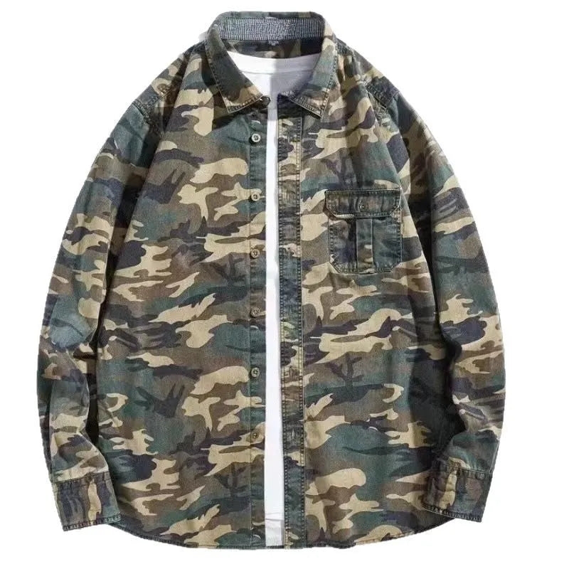 Retro loose camouflage long sleeve jacket for men, green colour, cotton blend fabric, cardigan style with relaxed fit