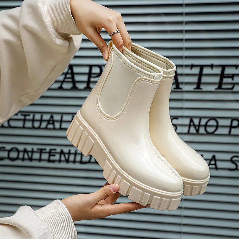 Women's low tube waterproof rain boot in apricot colour with flat heel and non-slip sole