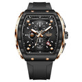 Men's sports quartz watch with 50mm luminous dial, mineral glass mirror, and stainless steel case in black finish