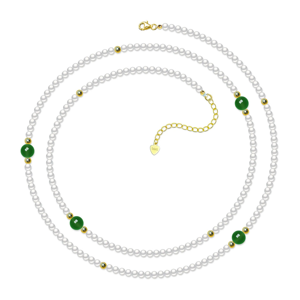 925 sterling silver twin clavicle necklace with 4mm pearl, 8mm green chalcedony bead and 4mm silver beads