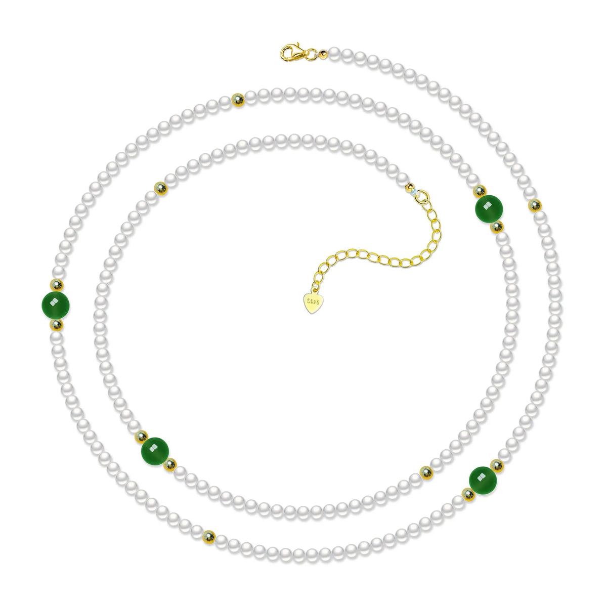 925 sterling silver twin clavicle necklace with 4mm pearl, 8mm green chalcedony bead and 4mm silver beads