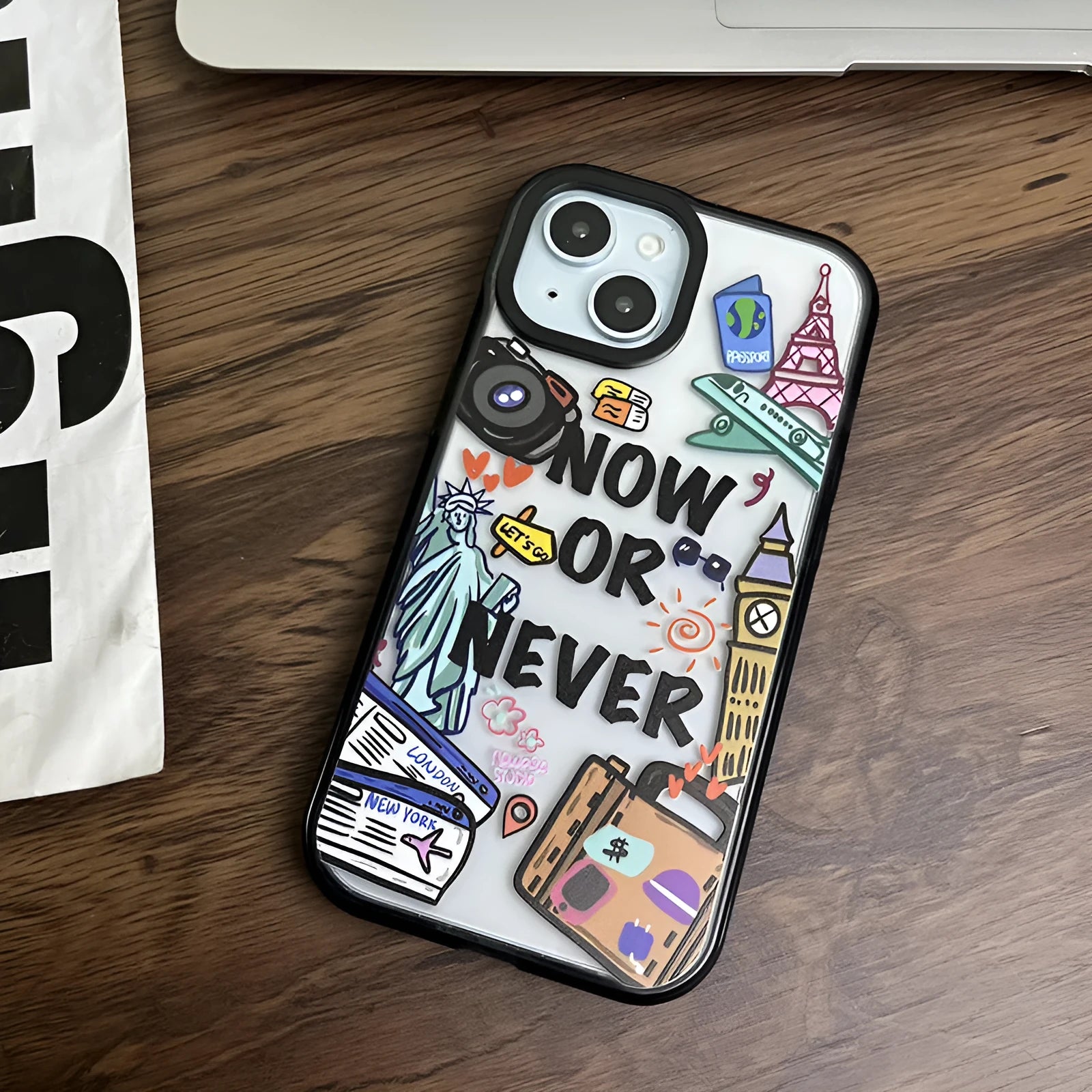 Free Travel acrylic hard phone case with travel ticket print compatible with iPhone 11 to 16 Pro Max