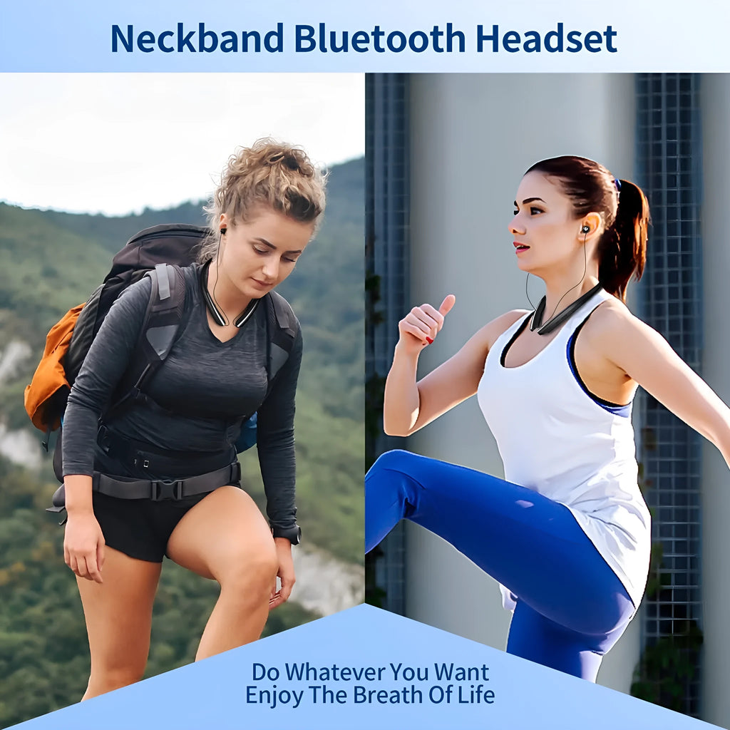 Wireless sport headphones with ultra-long battery, digital display, and hanging neck design in black silver