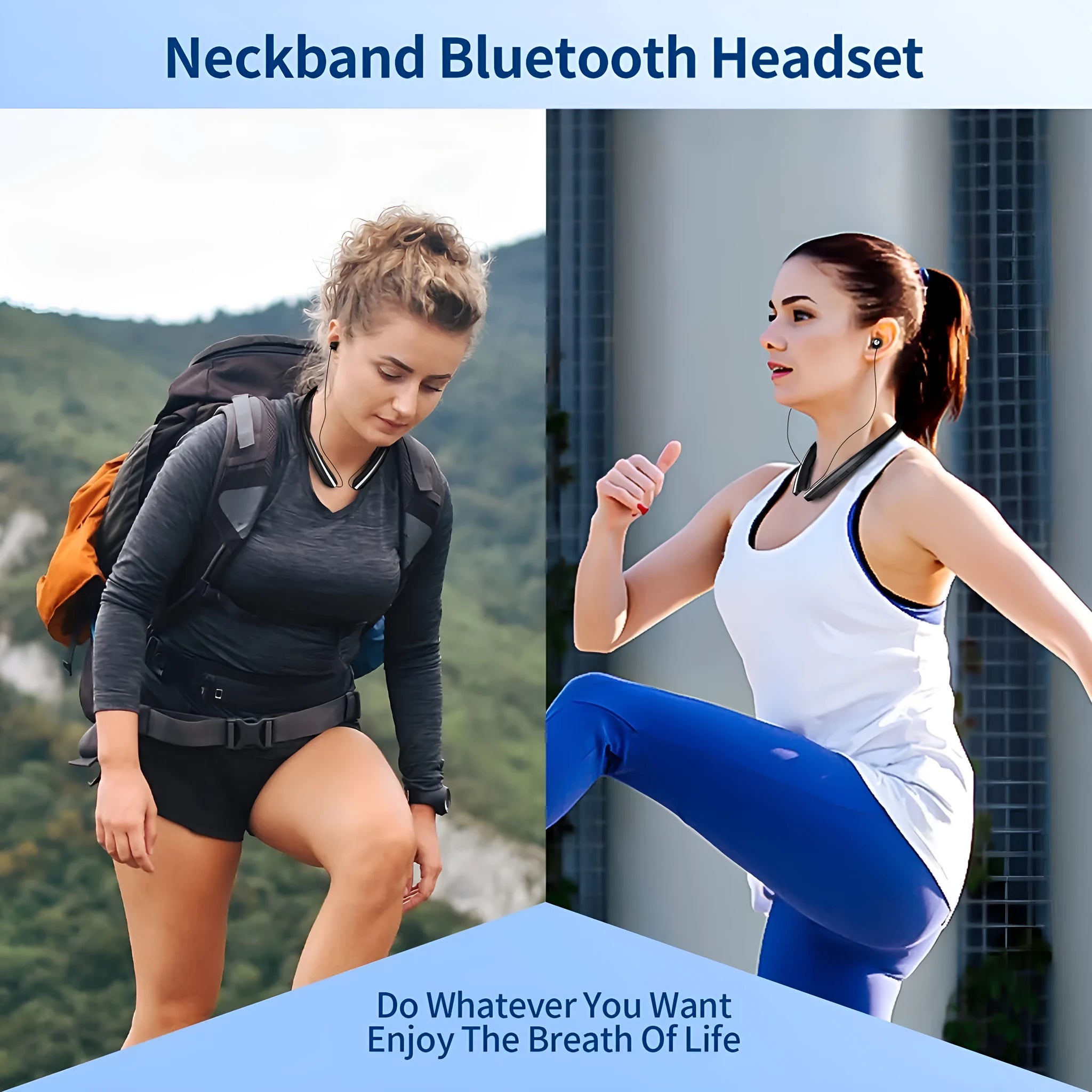 Wireless sport headphones with ultra-long battery, digital display, and hanging neck design in black silver