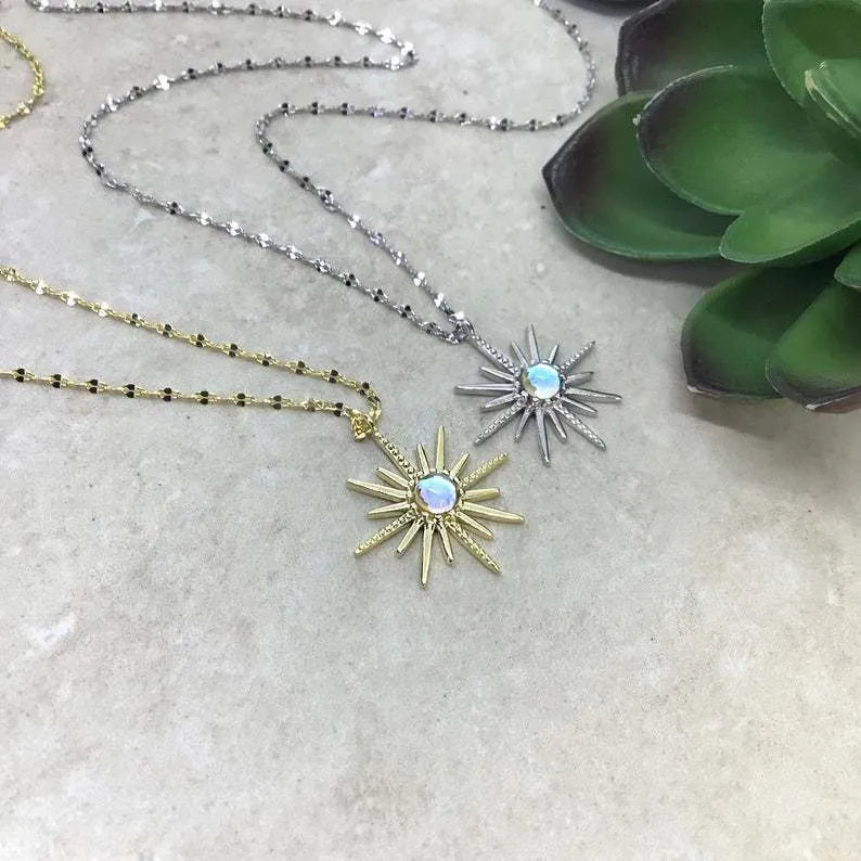 Boho gold sun god geometric pendant necklace on alloy chain with electroplated finish