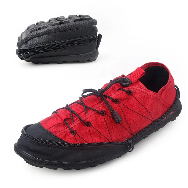 Orange portable folding outdoor shoes with a side zipper and mesh uppers shown flat and folded.