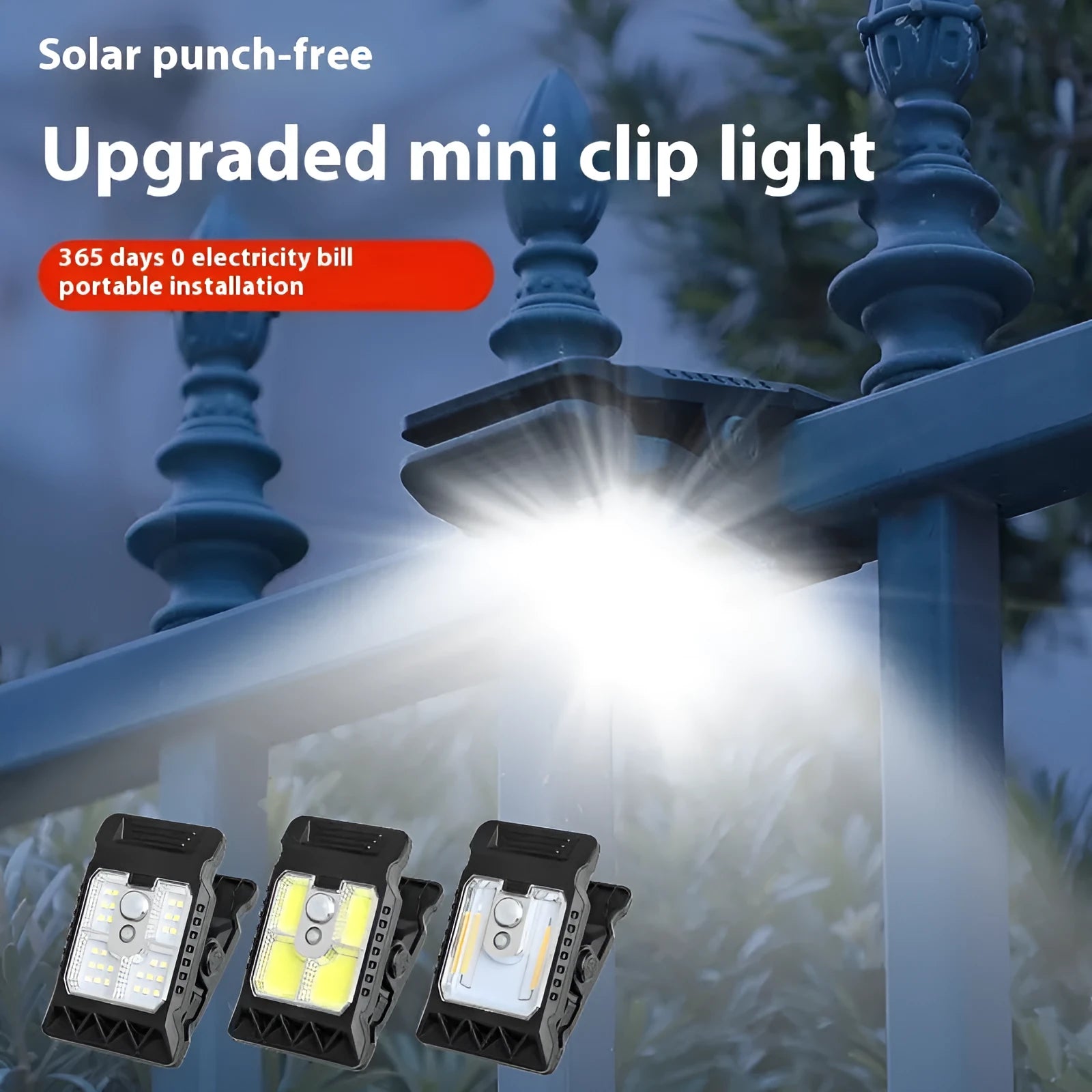 Compact white clip lamp with human body sensor, shown with dimensions 11.2cm by 7.6cm.