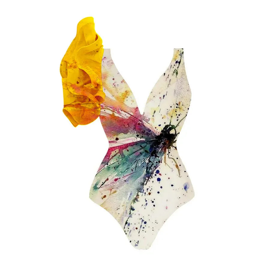 Yellow conservative one-piece swimsuit with belly cover design on woman model