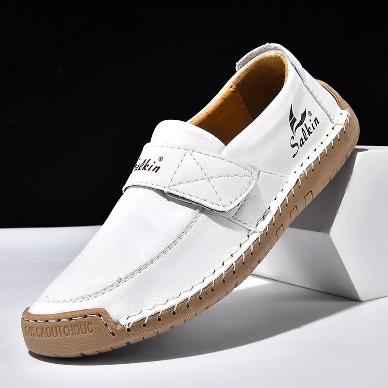Autumn leisure hand-stitched PU leather shoes with Velcro fastening in rose red, flat heel
